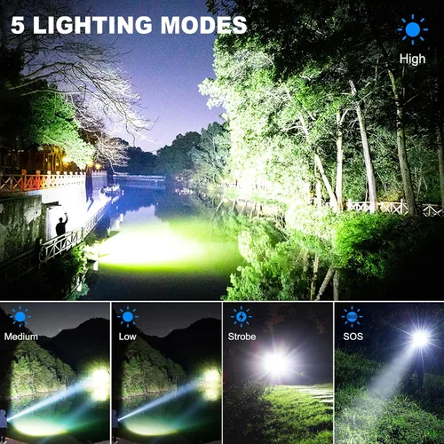 Vista 5 de Linternas Recargables de Alto Lumen, Paquete de 2 Linterna LED Súper Brillante de 99000 Lúmenes con 5 Modos e Impermeable, Carga Rápida USB Linterna