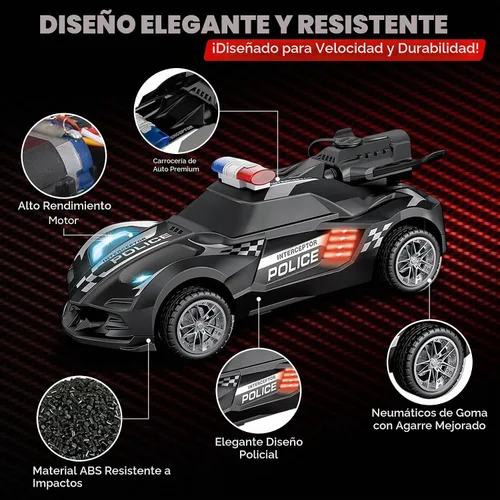 Vista 3 de Coche de policía de juguete con control remoto con efecto de humo y luces LED, auto RC recargable rápido para niños, neumáticos de goma