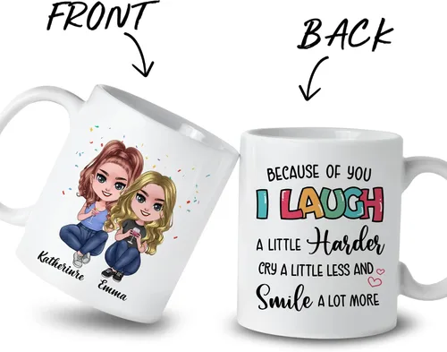 Vista 2 de Gossby Taza de café personalizada de la amistad, regalo personalizado Besites para mujeres con diseño de muñeca, nombre, cita – cumpleaños, Navidad