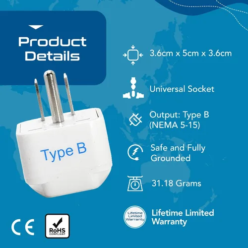 Vista 7 de Ceptics Adaptador de enchufe de Europa a EE. UU., adaptador de enchufe tipo B de EE. UU. compatible con enchufes de Europa, India y otros países. El