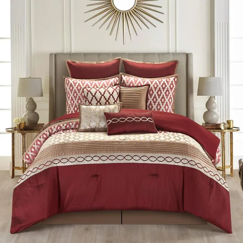 Vista 2 de Stratford Park Juego de ropa de cama cálido y vibrante de 10 piezas, color borgoña, tamaño Queen, cálido, 100% poliéster, falda de cama, almohadas