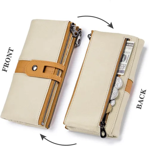 Vista 4 de Cartera para mujer de gran capacidad de piel sintética plegable con bloqueo RFID, tarjetero con bolsillo con cremallera