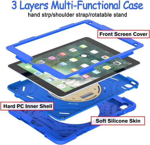 Vista 3 de BMOUO Funda para iPad de 6ª/5ª generación/Air 2, para iPad de 9.7 2018/2017 con protector de pantalla, soporte giratorio 360º y correa de mano y Azul