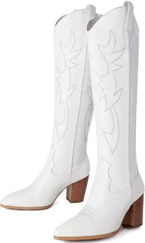 Vista 3 de Mostrin Botas vaqueras bordadas para mujer, botas vaqueras con punta puntiaguda, botas altas hasta la rodilla, tacón grueso, botas occidentales