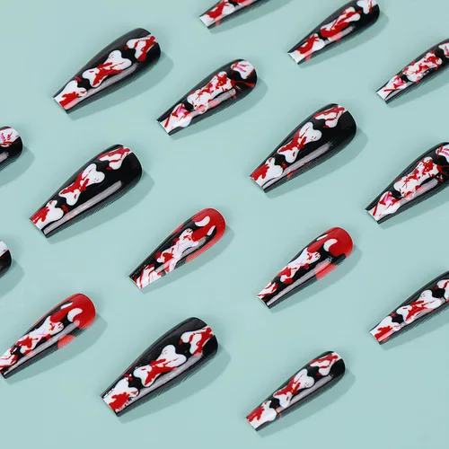 Vista 5 de Uñas postizas largas a presión para Halloween, uñas postizas largas en forma de ataúd, negro y rojo, brillantes, diseño de gota de sangre de terror