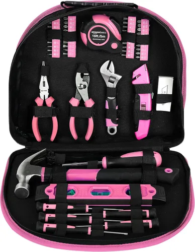 Vista 4 de Amazon Basics Juego de herramientas con bolsa redonda de fácil transporte, 104 piezas, rosa, 14.4 x 11.4 x 3 pulgadas