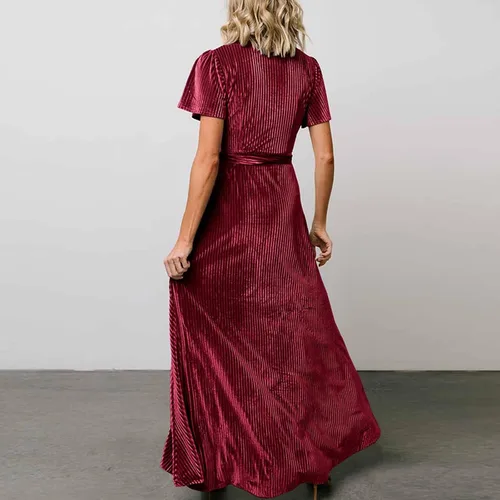 Vista 5 de Vestido de fiesta de terciopelo acanalado para mujer, cuello en V, manga corta, lazo en la cintura, fiesta de noche, longitud al suelo, vestido