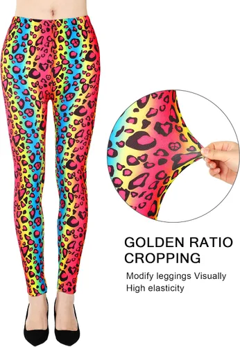Vista 3 de SATINIOR Leggings de los años 80 para mujer, leggings estampados suaves de los años 80, estilo de los años 80, pantalones de neón para mujer