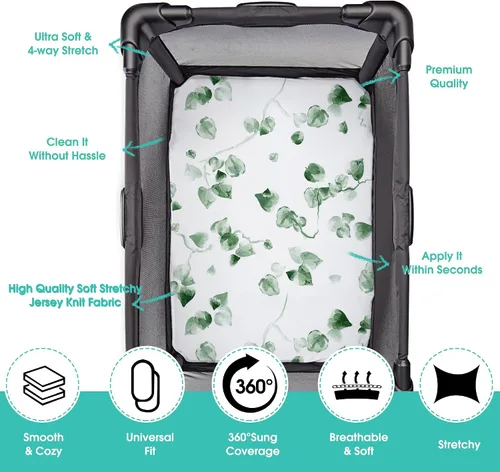 Vista 2 de Pack n Play Sheets BROLEX - Juego de 2 sábanas para cuna, juego de sábanas elásticas y portátiles para cuna, funda de colchón convertible