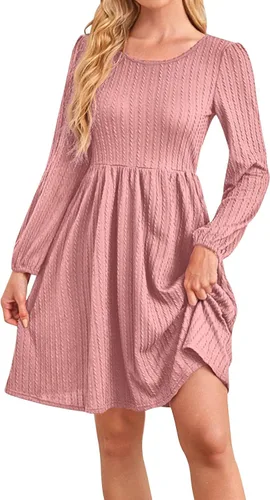 Vista 8 de Zaswen Vestido casual de punto para mujer, cuello redondo, manga larga, acampanado, vestidos de color sólido con bolsillos para primavera y otoño