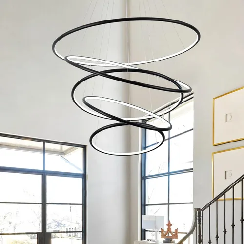 Vista 7 de MADEM Moderno candelabro LED de 5 anillas, lámpara colgante de techo contemporáneo para escaleras, vestíbulos de escaleras, sala de estar de techo
