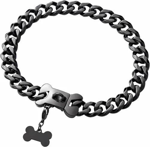 Vista 2 de Collar de eslabones cubanos, resistente, negro, de 10 a 26 pulgadas de ancho, acero inoxidable, collar con chapita personalizable, para perros