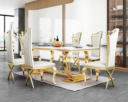 Vista 10 de Juego de mesa de comedor moderno de mármol para 6, sillas de mesa de cocina, juego de 7 piezas con mesa de comedor de imitación de mármol blanco