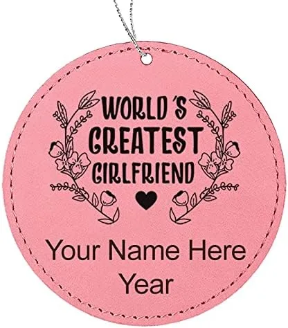 Vista 2 de LaserGram Personalized Christmas Ornament, World's Greatest Girlfriend, Faux Leather, Custom Laser Engraved Gift Idea (Round Shape, Black with Gold)