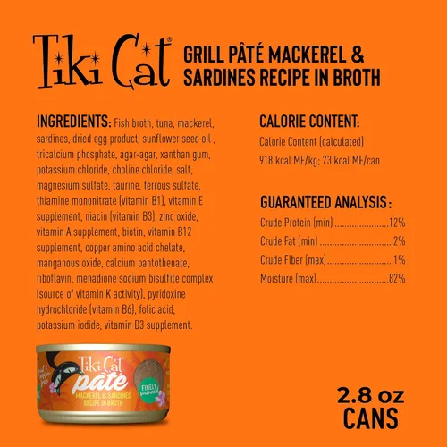 Vista 3 de Tiki Cat Grill - Alimento húmedo para gatos, caballa y sardinas, latas de 2.8 onzas (12 unidades)