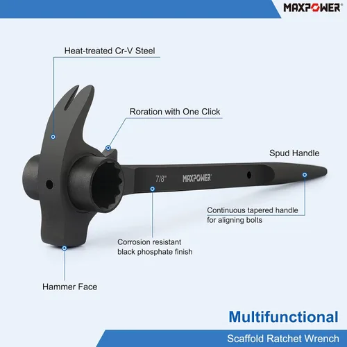 Vista 3 de MAXPOWER Llave de trinquete de andamio de 3/4 x 7/8 pulgadas, llave Spud Podger, funciones multifuncionales con barra de palanca de garra y cara