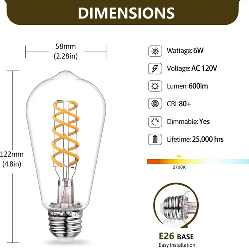 Vista 7 de Bombillas LED Edison ST58 (ST19) equivalentes a 60 vatios, CRI 80+, inastillables, alto brillo, blanco suave, 2700 K, regulables, bombillas