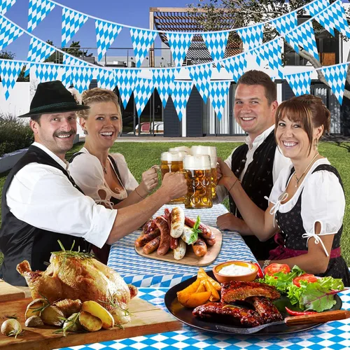 Vista 4 de Ahfulife Pancarta de bandera bávara de Oktoberfest de 32.8 pies para decoraciones de Oktoberfest, pancarta de Oktoberfest con 30 banderas