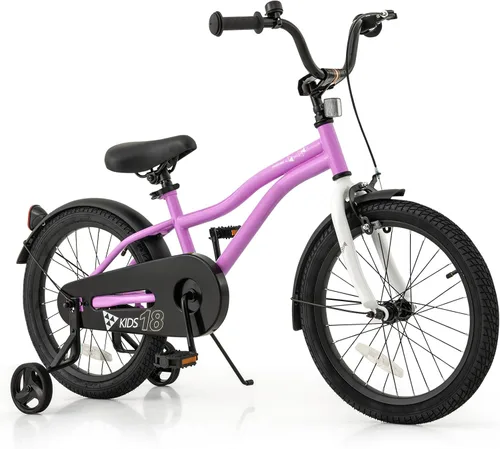 Vista 16 de BABY JOY Bicicleta deportiva de 12, 14, 16, 18 pulgadas, con ruedas de entrenamiento, asiento ajustable, freno de mano y freno de posavasos