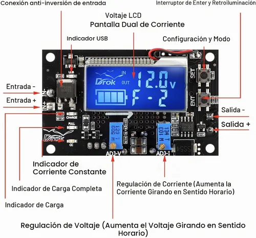 Vista 2 de DROK Regulador de voltaje Buck Boost, DROK DC 6-30V a DC 0.5-30V Convertidor de voltaje ajustable de 5V 12V 24V, módulo transformador de 4A 60W