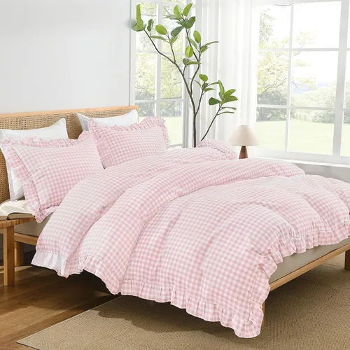 Vista 14 de Andency - Funda de edredón Gingham tamaño Queen, funda de edredón de estilo granjero con volantes en color marrón claro y estilo shabby chic, juego