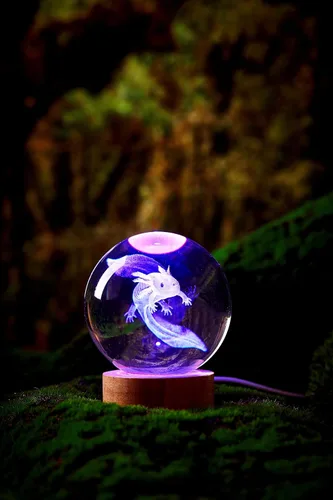 Vista 6 de Lámpara de bola de cristal 3D de Axolotl, lámpara de noche de bola de cristal mejorada de 3.15 pulgadas con 16 colores LED, base de madera, control