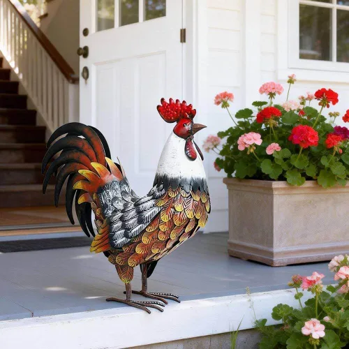 Vista 4 de Estatuas y escultura de gallo de jardín de Kircust, arte de patio de animal de metal pollo adorno de césped figuras obra de arte para decoración al