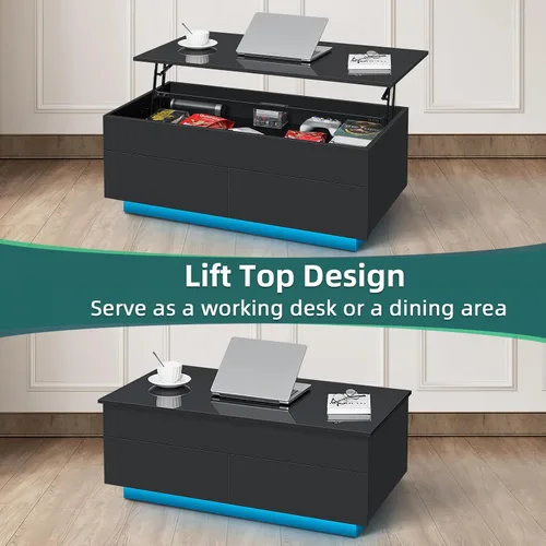 Vista 4 de HOMMPA Mesa de centro elevable de 40 pulgadas, mesas de centro negras con almacenamiento para sala de estar, mesa de centro moderna LED, mesa