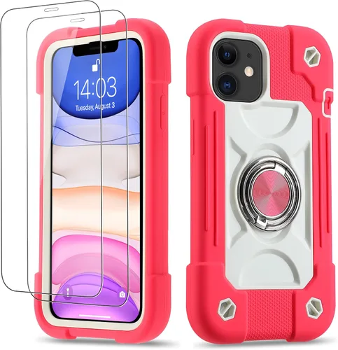 Vista 77 de Funda para iPhone 11 de 6.1 pulgadas con soporte de anillo, con 2 protectores de pantalla de vidrio, resistente a los golpes, resistente a