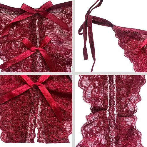 Vista 4 de HOTSO Tangas sexy de encaje para mujer, con lazo lateral, ropa interior, lencería de tiro bajo, tirantes en T, tanga con lazo