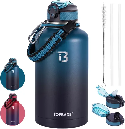 Vista 11 de TOPBADE Botella de agua aislada de 32 onzas con tapa de pajita, tapa de boquilla y mango de paracord, botella de agua de acero inoxidable de boca