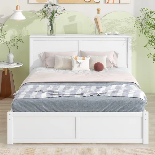 Vista 4 de Cama multifuncional de almacenamiento de tamaño Queen con cama nido de tamaño individual, marco de cama de plataforma de madera con estantes