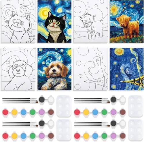 Vista 8 de VOCHIC Paquete de 4 kits de fiesta de 8 x 10 pulgadas, kit de pintura de lienzo predibujado para pintura para adultos, suministros de pintura