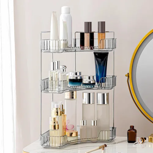 Vista 8 de Organizador de esquina para encimera de baño, estante de baño, organizador de maquillaje para tocador, bandeja de perfume para almacenamiento en Azul