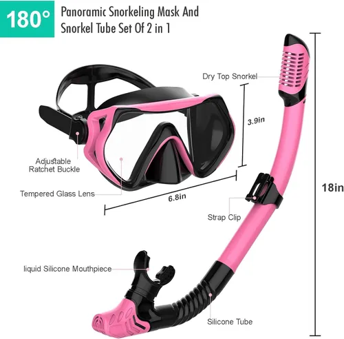 Vista 5 de Equipo de esnórquel para adultos, juego de máscara de esnórquel JRing con vidrio templado de 180 grados, gafas antivaho para buceo, esnórquel