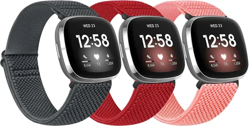 Vista 10 de Paquete de 3 correas elásticas de nailon compatibles con Fitbit Versa 4/Versa 3/Sense 2/Sense, suave, ajustable, transpirable, correas de repuesto