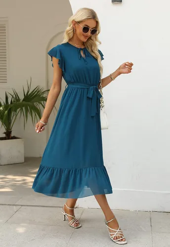 Vista 3 de NAVINS NA1009 - Vestido casual de gasa con cuello en V y mangas con volantes, dobladillo con volantes, largo y acampanado, con cinturón, para mujer