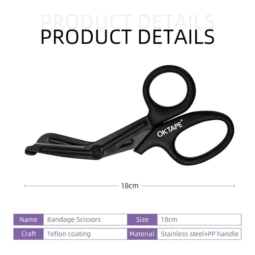 Vista 2 de OK TAPE Tijeras de vendaje, tijeras médicas, tijeras de trauma EMT, tijeras antiadherentes, primeros auxilios de teflón de acero inoxidable