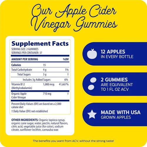 Vista 9 de Enzymedica Suplemento de vinagre de sidra de manzana para mujeres y hombres, gomitas de vinagre de sidra de manzana con madre, 1000 mcg de vitamina