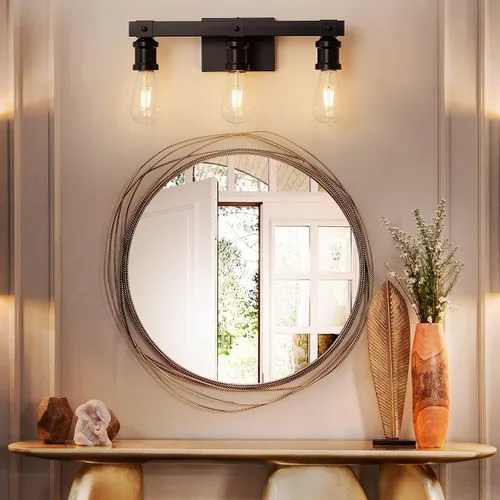 Vista 2 de Lámparas de tocador de baño de estilo rústico con 3 luces sobre el espejo, negro mate, lámpara industrial vintage para pared, para baño, sala
