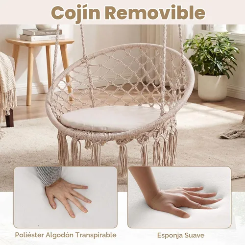 Vista 6 de Happygrill Silla de columpio, hamaca de macramé con cojín de asiento redondo, cuerdas de algodón de poliéster resistentes y anillos de metal Beige