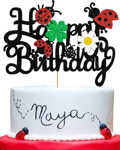 Vista 4 de Decoración para tartas de mariquitas, decoración de feliz cumpleaños para niños y niñas, mariquita con purpurina, trébol de margaritas, suministros