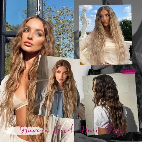 Vista 6 de REECHO Extensiones de cabello con clip, 5 piezas, de 24 pulgadas, de color rubio ceniza, extensiones de cabello con ondas largas y sueltas, HE002
