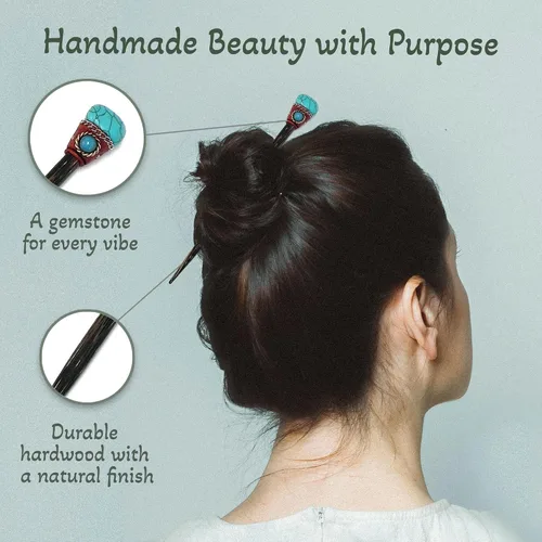 Vista 4 de Mia Jewel Shop - Varillas de madera con piedras preciosas curativas naturales surtidas – Palillos para el cabello hechos a mano para mujeres