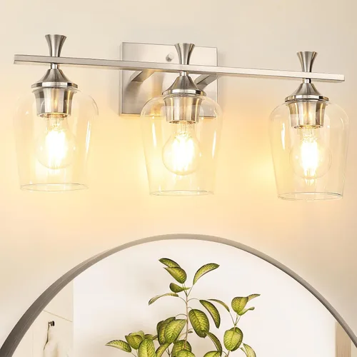 Vista 8 de Lámpara de tocador de baño de 3 luces, accesorios de iluminación de baño negros sobre el espejo, apliques de pared modernos con pantalla de vidrio