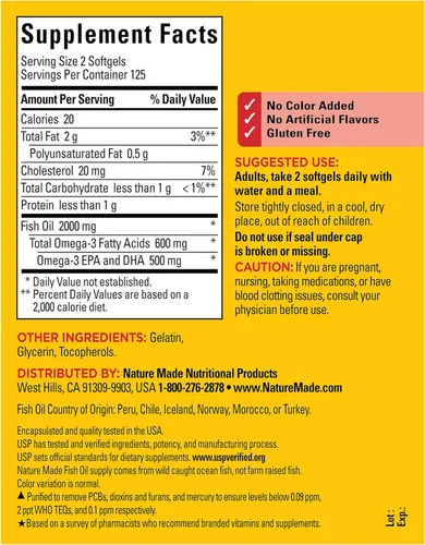 Vista 6 de Nature Made - Suplementos de aceite de pescado Omega 3, 2000 mg por porción en cápsulas blandas, aceite de pescado Omega 3 para el apoyo a la salud