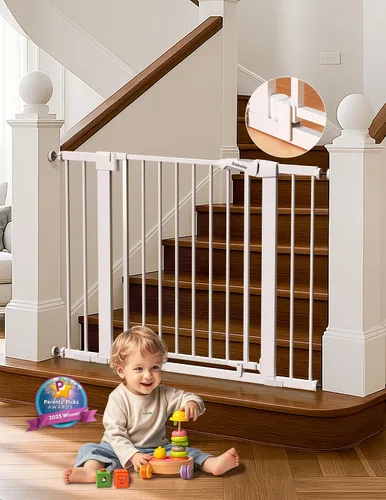 Vista 10 de Babelio - Puerta de seguridad con cierre automático para bebés con puerta para gatos, puerta de metal de 73-109 cm para puertas, escaleras, casa