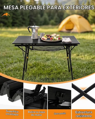 Vista 4 de PORTAL Mesa de camping plegable portátil con patas ajustables, mesa plegable de aluminio mesa enrollable con bolsa de transporte para exteriores
