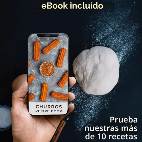 Vista 4 de Churrera Churro Maker Machine - Libro electrónico de recetas gratis incluido - 8 discos intercambiables - Máquina para hacer churros - Máquina