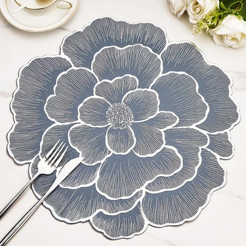Vista 13 de Juego de 6 manteles individuales dorados con flores para mesa de comedor, manteles individuales redondos de vinilo prensado metálico de 15 pulgadas